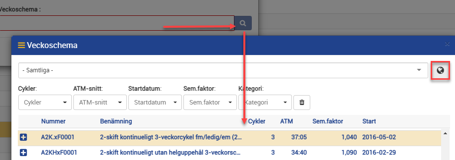 välj veckoschema