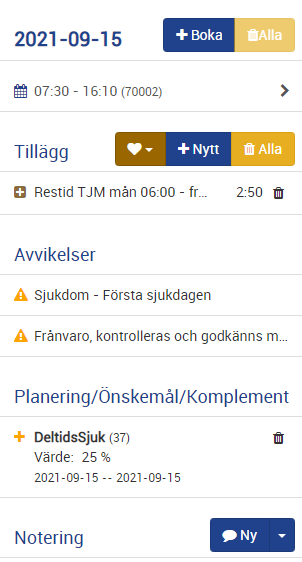 Markerad dag detaljer i fönster bokningar & kalender HTML5