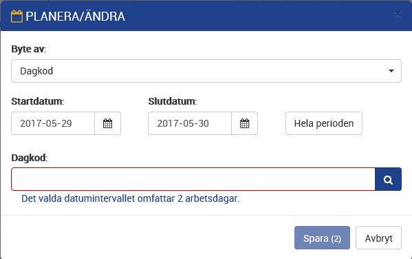 Planera Ändra dagkod HTML5