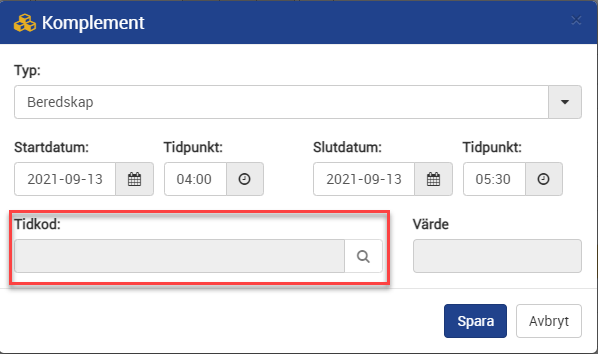 Ny komplement tidkod